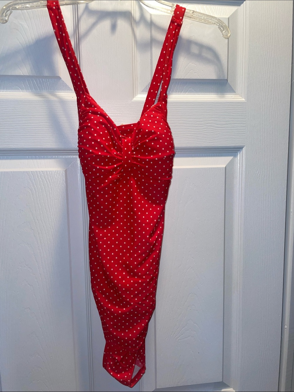 Red Polka Dot One-Piece Swimsuit with Ruched Front